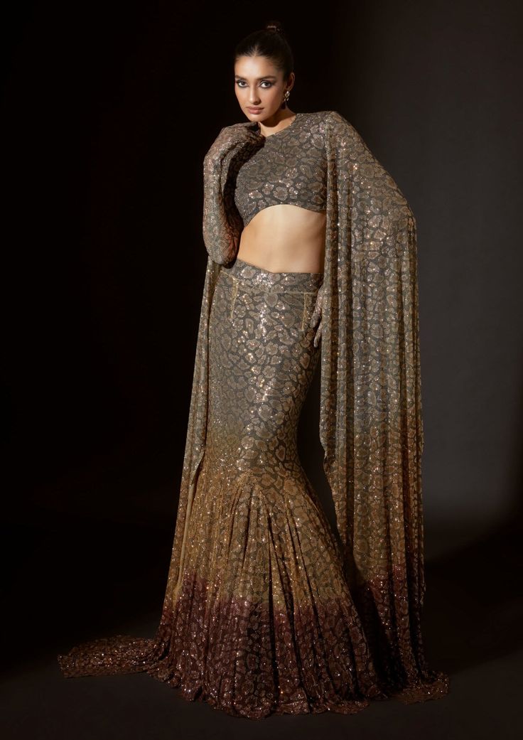 Ombre Glam Brown Lehenga And Blouse by Itrh, available on Indiaspopup.com Fish Cut Lehenga, Brown Lehenga, Fish Cut, Lehenga And Blouse, Glitter Outfit, Anarkali Lehenga, Dinner Dress Classy, Dresses Traditional, Orange Ombre