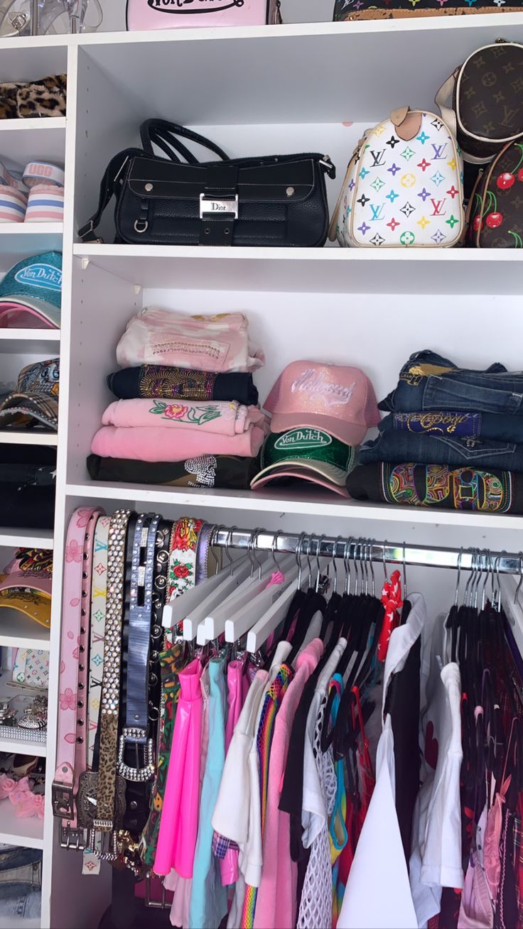 an organized closet with clothes and handbags