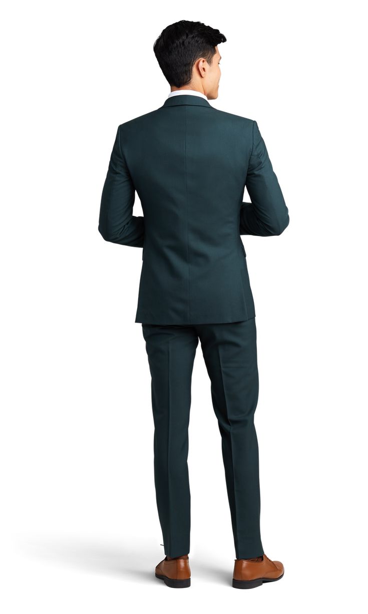 A slim hunter green suit with two buttons and a notch lapel. Green Three-piece Business Suit, Green Suit With Suit Collar, Classic Green Three-piece Suit With Notch Lapel, Tailored Dark Green Blazer For Work, Fitted Dark Green Business Suit, Elegant Dark Green Notch Lapel Suits, Classic Dark Green Semi-formal Suits, Green Single Breasted Suit For Semi-formal Occasions, Green Single-breasted Suit For Semi-formal Occasions