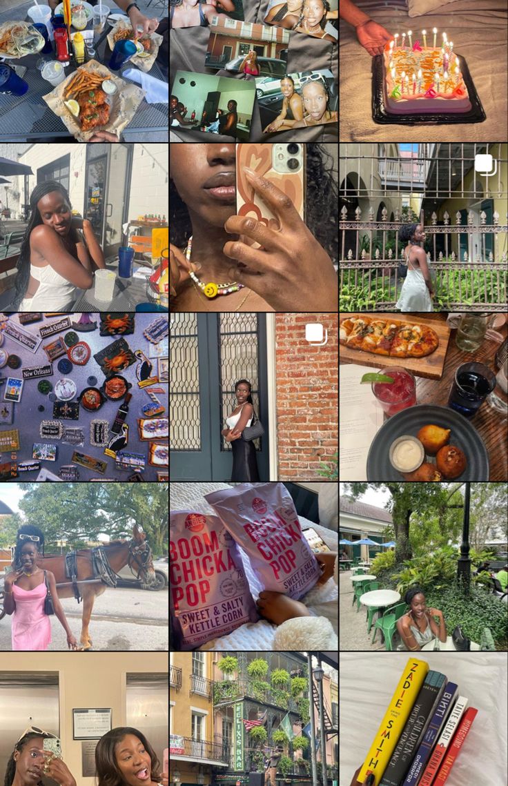 a collage of photos with people eating and talking on cell phones, books, and other things