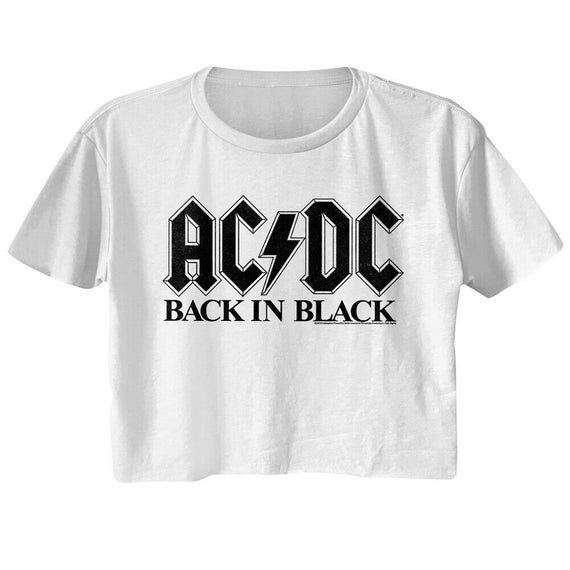 AC/DC Women's Crop Top T-Shirt by American ClassicsPart Scottish, part Aussie, 100% High Voltage Rock Legends! Formed in Sydney in 1973, AC/DC went from Dirty Deeds Done Dirt Cheap on the Highway to Hell to Back to Black in The Flick of the Switch! They have sold over 200 million albums worldwide and they are still working on new music. Wear some rock history, this cool AC/DC graphic t-shirt is vintage style print with a distressed look as if you bought it at an AC/DC Concert Tour in the 80's Wh Rock Band Tees, Back In Black, Womens Black Shorts, Rock T Shirts, Festival Tops, Black Rock, Gifts For An Artist, Short Sleeve Cropped Top, Ac Dc