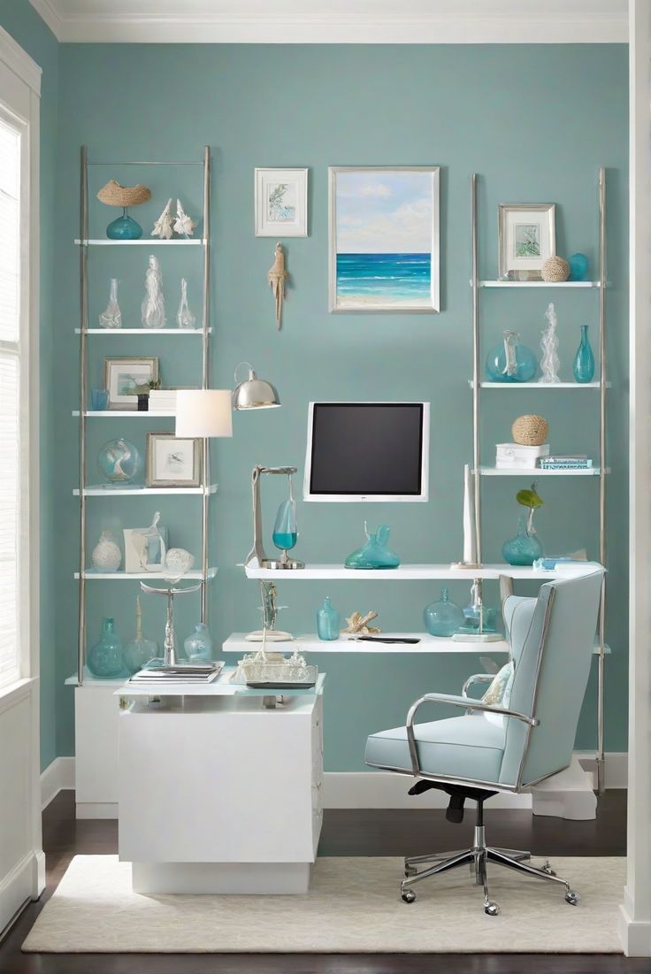 a home office decorated in blue and white