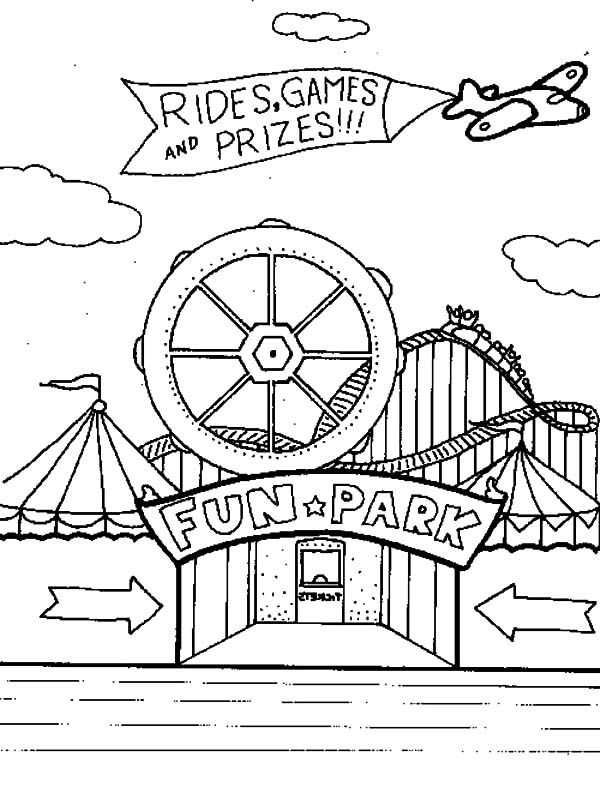 an amusement park coloring page with the words fun park on it and a ferris wheel