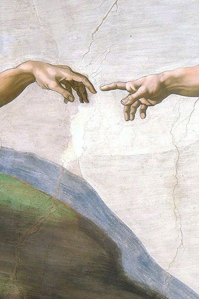 two hands reaching out towards each other in front of a painting with mountains and blue sky