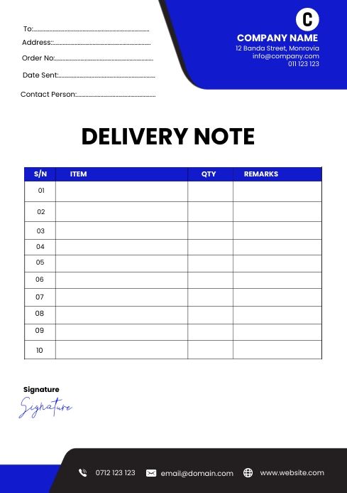 a blue and white receipt with the words delivery note