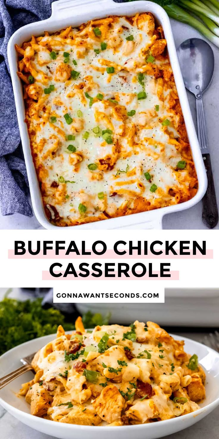 buffalo chicken casserole in a white dish with green onions