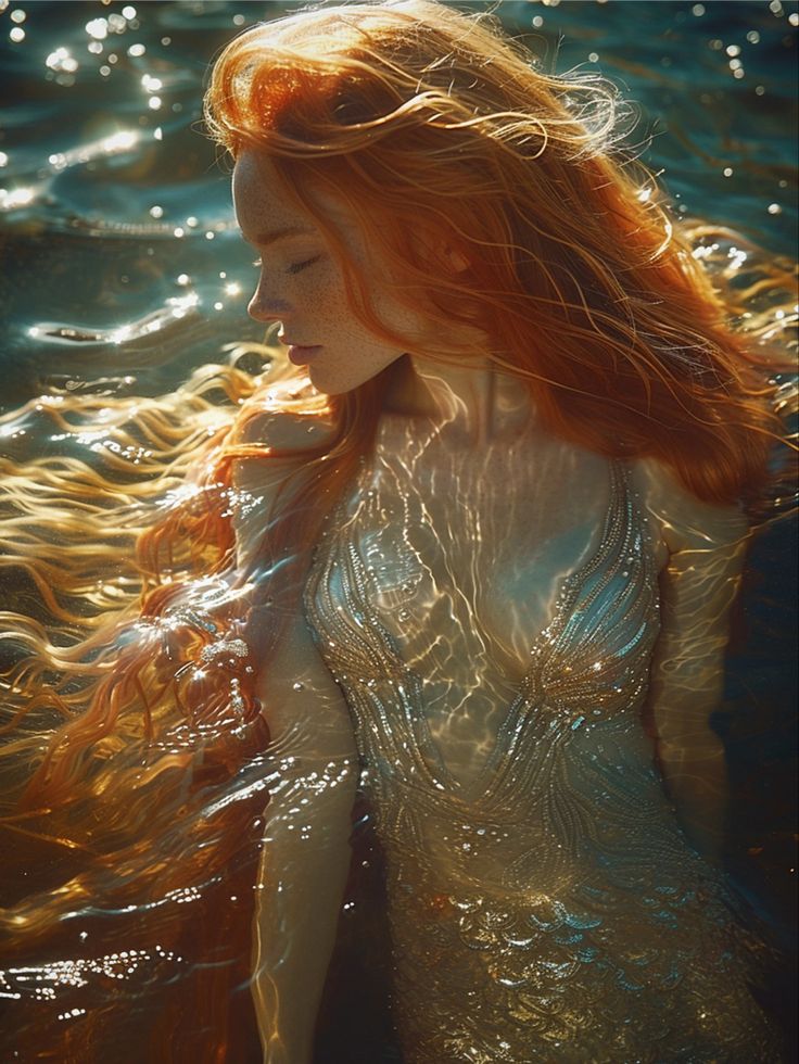 a woman with long red hair standing in the water