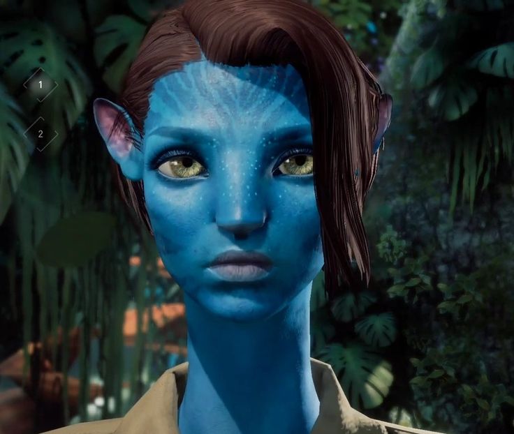 a close up of a person with blue paint on their face and hair, surrounded by plants