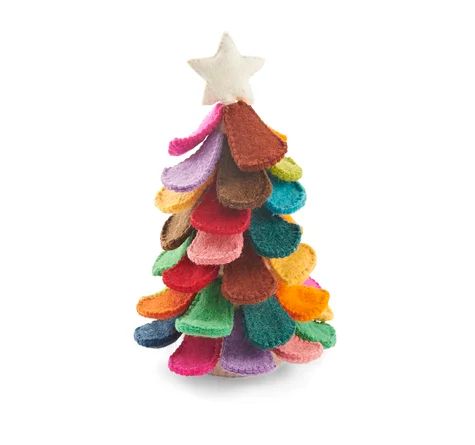 a multicolored felt christmas tree with a star on top, against a white background