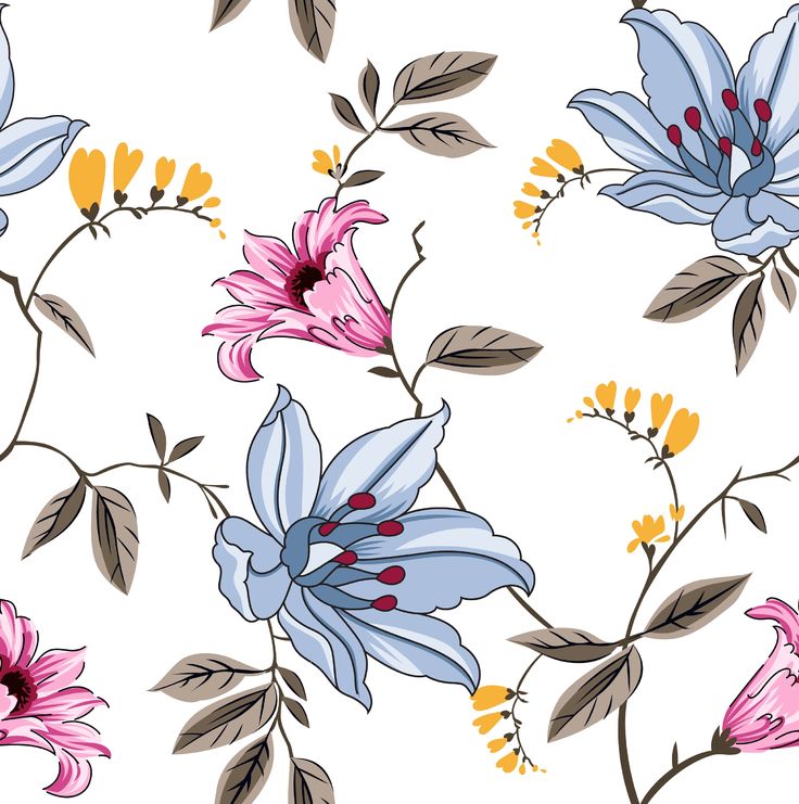 a floral pattern with blue, pink and yellow flowers