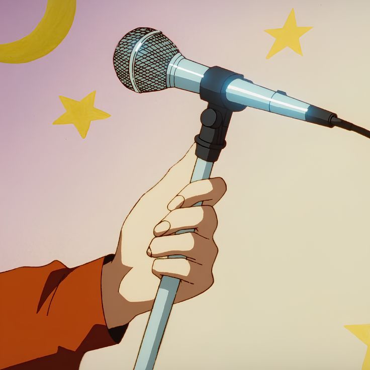 a person holding a microphone in front of a purple sky with stars and crescents