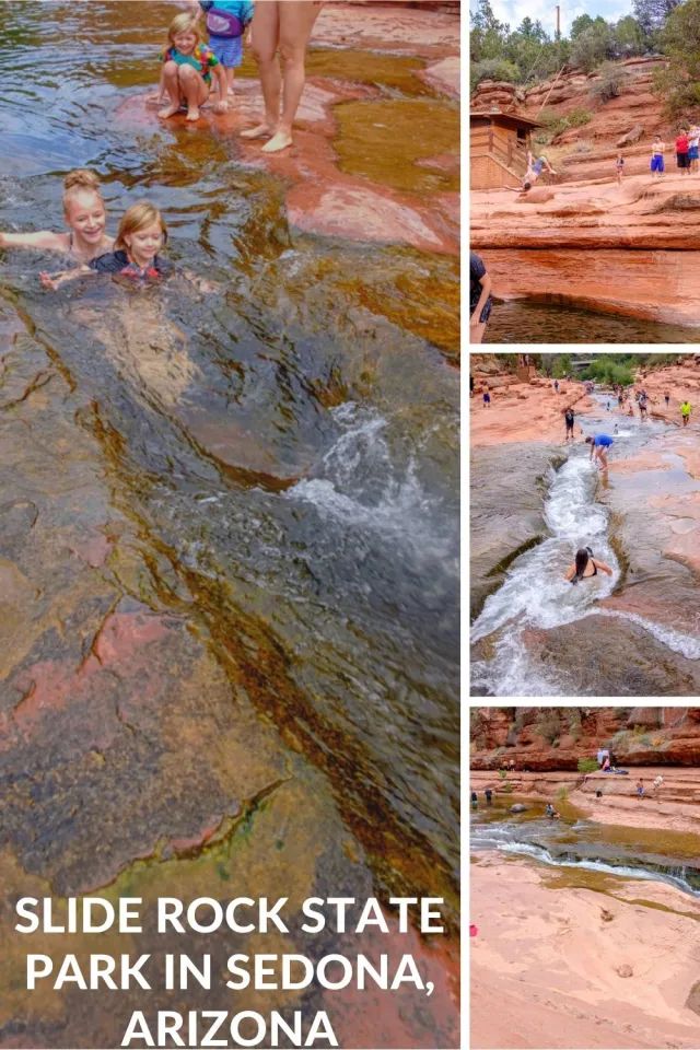 some people are playing in the water and on the rocks at slide rock state park in sedona, arizona