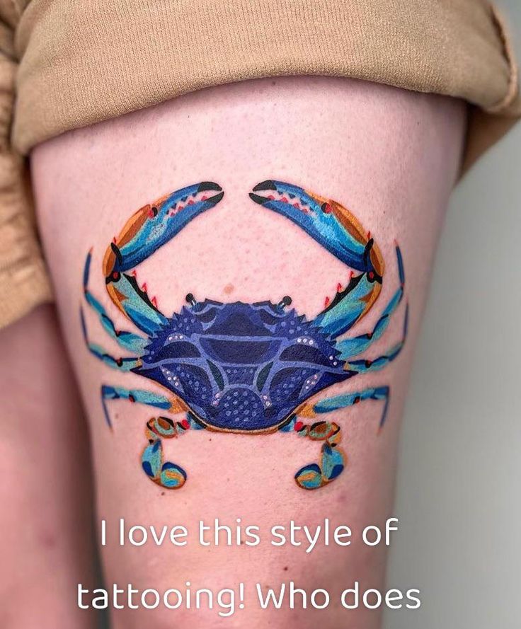 a woman's leg with a crab tattoo on it and the words i love this style of tattooing who does not