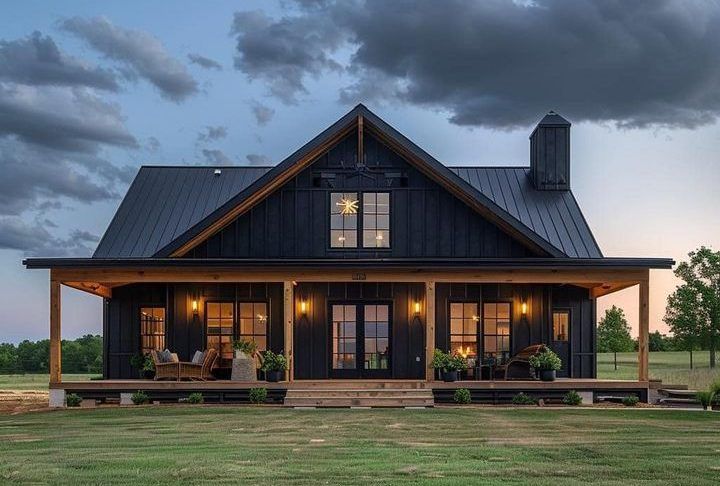 a black house with porches and lights in the windows at dusk on a cloudy day