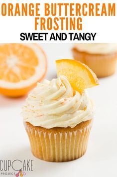 an orange buttercream frosting on top of a cupcake with icing