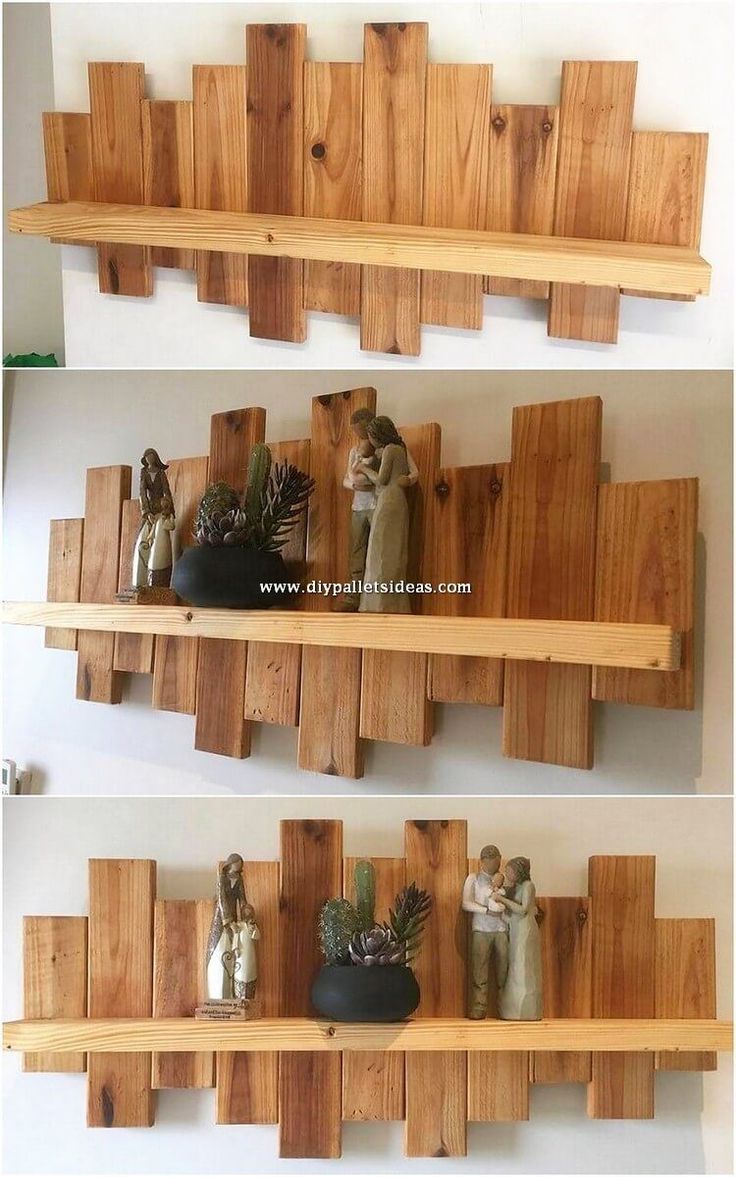 two pictures of wooden shelves with small figurines on them