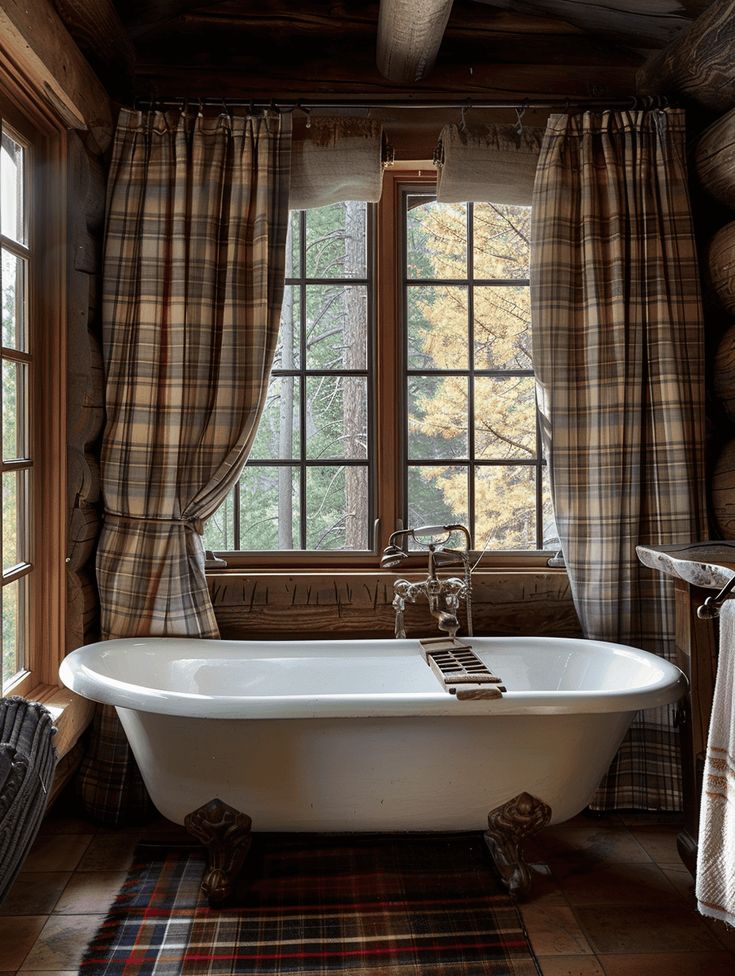 an old fashioned bathtub sits in the corner of a rustic bathroom with plaid curtains