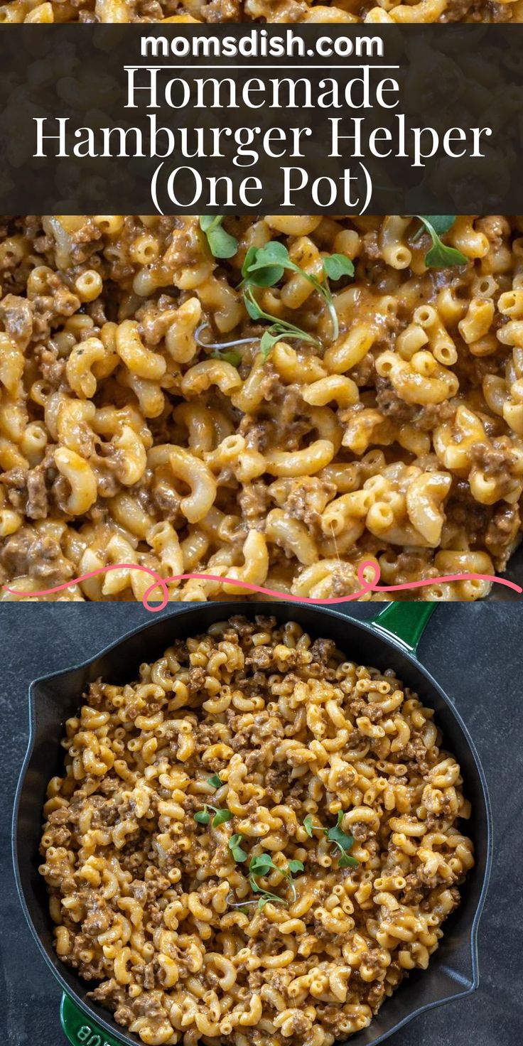 one pot macaroni and cheese with homemade hamburger helper on top in a cast iron skillet