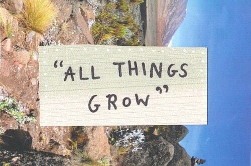 a sign that says all things grow on the side of a rock face with water in the background