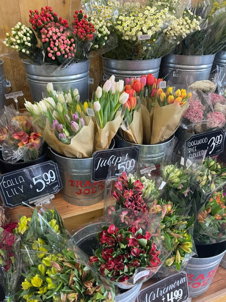 several buckets filled with different types of flowers