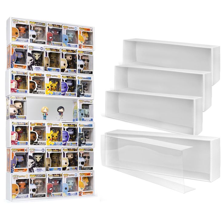 three white shelves with pictures on them