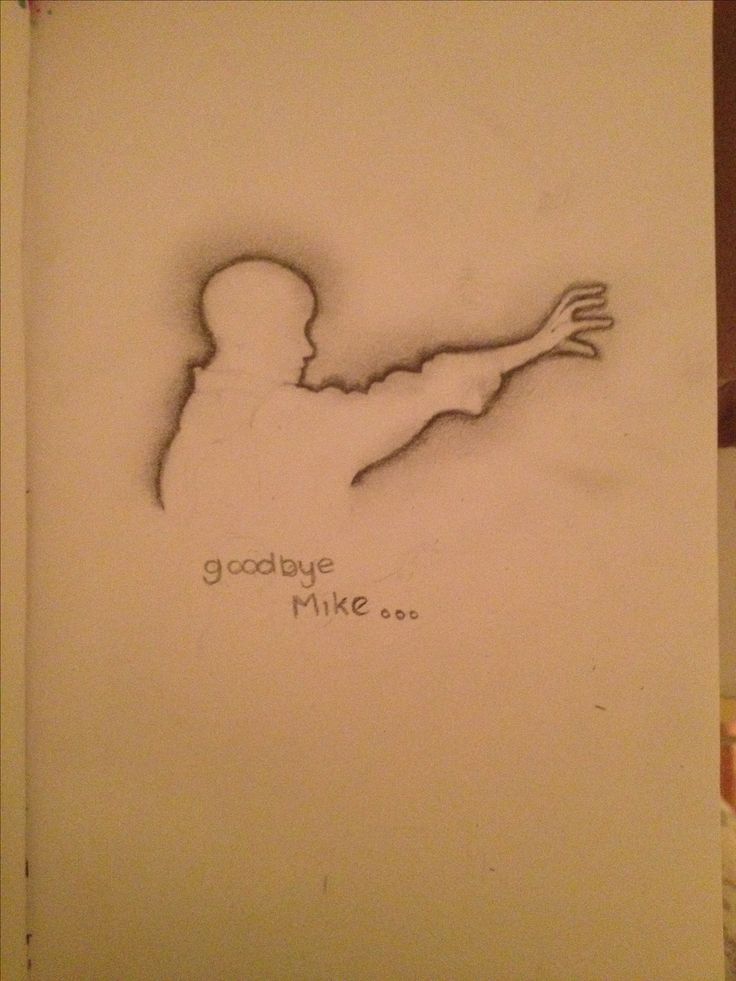 a drawing of a man holding a frisbee in one hand and writing goodbye mike on the other