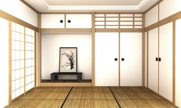 Japanese room interior - modern empty room style - roof design. 3d rendering Traditional House Interior, Living Room Cartoon, Japanese Living Room, Tatami Room, Traditional Japanese House, Japanese Room, Japanese Interior Design, Japanese Wall, Interior Illustration