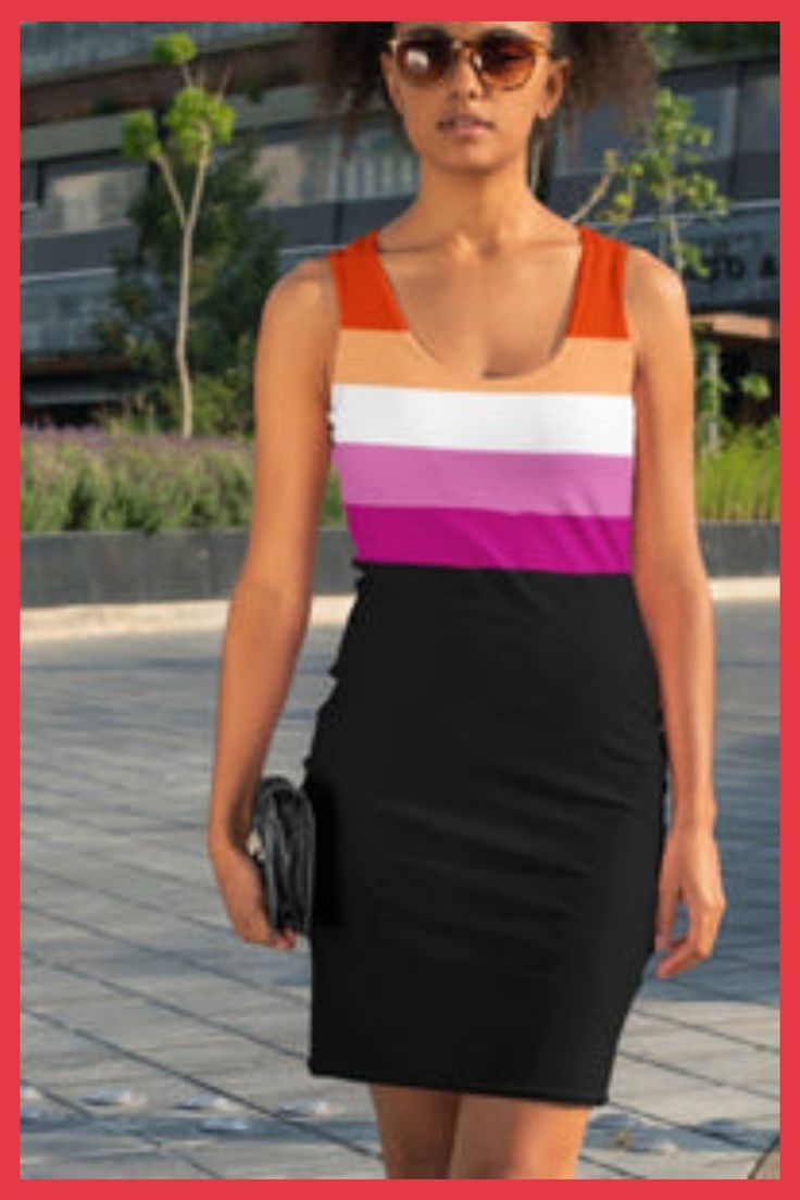 Beautiful sleeveless lesbian flag dress, soft and stretchy material, comfortable all day wear. Stunning looking bodycon style lesbian pride dress. Only available here. Click to see it now... Trendy Black Bodycon Dress For Summer, Trendy Black Bodycon Summer Dress, Black Bodycon Dress For Summer, Fitted Color Block Tank Top For Spring, Spring Fitted Color Block Tank Top, Black Knee-length Bodycon Summer Dress, Black Color Block Tank Top For Summer, Black Sleeveless Color Block Tank Top, Striped Stretch Bodycon Summer Dress