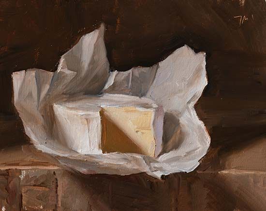 a painting of a piece of cheese in a paper bag