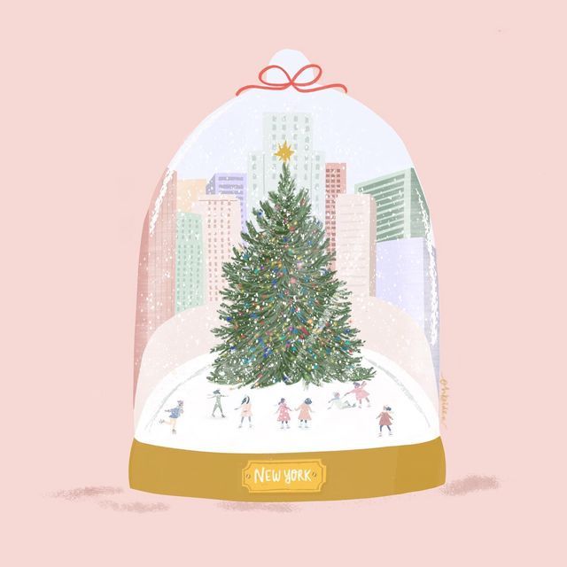 a snow globe with a christmas tree in the middle and people skating around underneath it