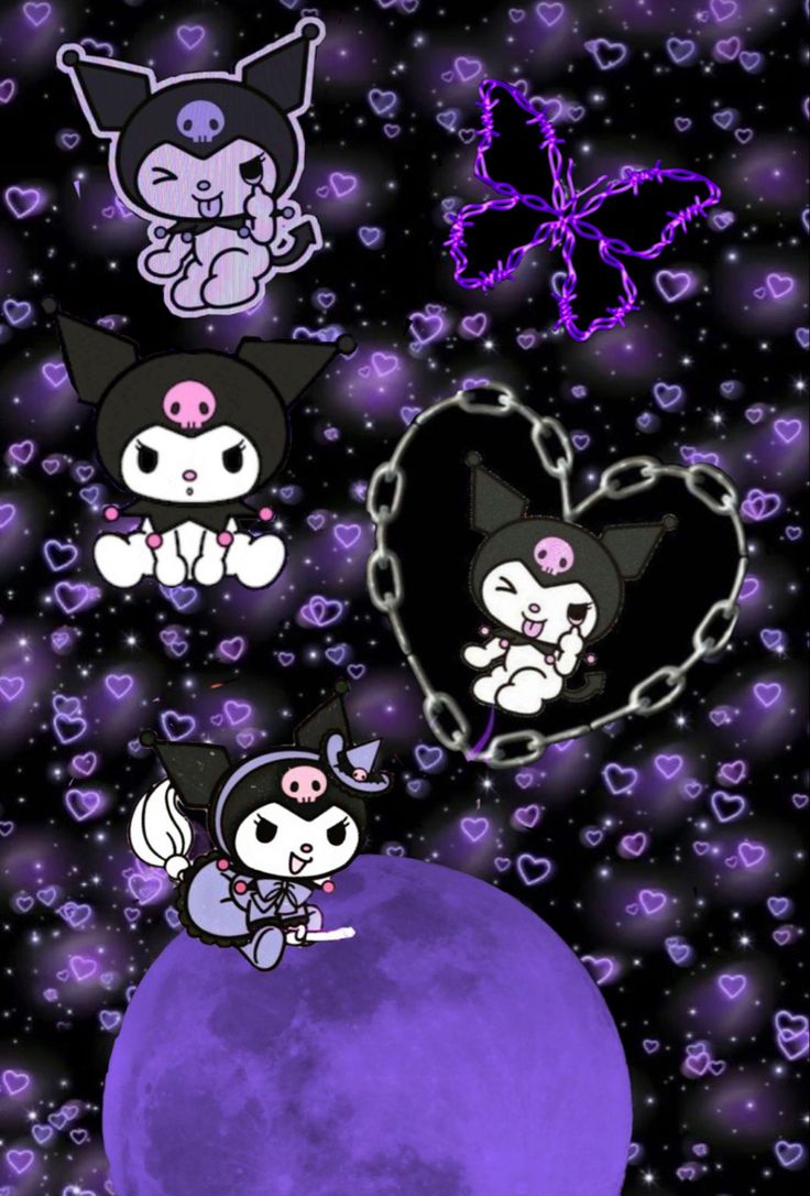 some cats are sitting on top of a purple ball with hearts and butterflies in the background