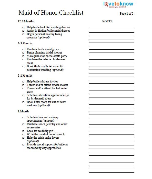 the maid of honor checklist is shown in this printable form, with instructions for