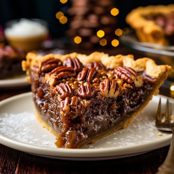 a slice of pecan pie on a white plate