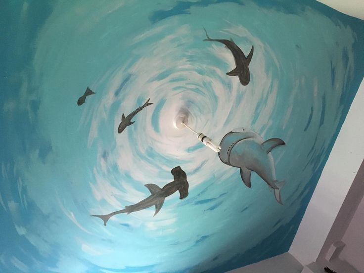 Sharks on the ceiling Shark Mural, Alice In Wonderland Door, Shark Bedroom, Underwater Bedroom, Sea Bedrooms, Underwater Room, Shark Room, Sea Murals, Ocean Themed Rooms