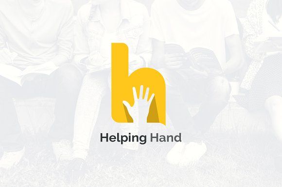 the helping hand logo is shown with people sitting on grass and one person holding their hands up