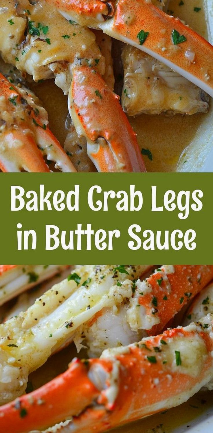 baked crab legs in butter sauce on a plate with text overlay that reads baked crab legs in butter sauce