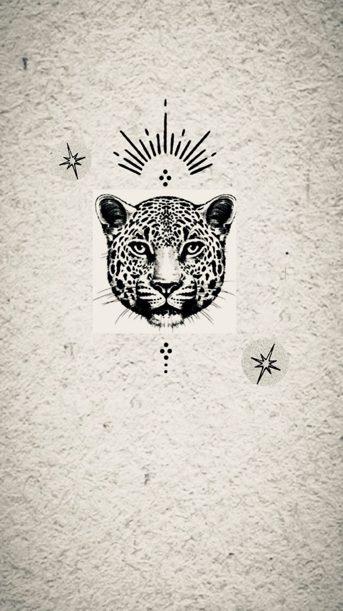 a black and white drawing of a leopard's head with stars around it on a wall