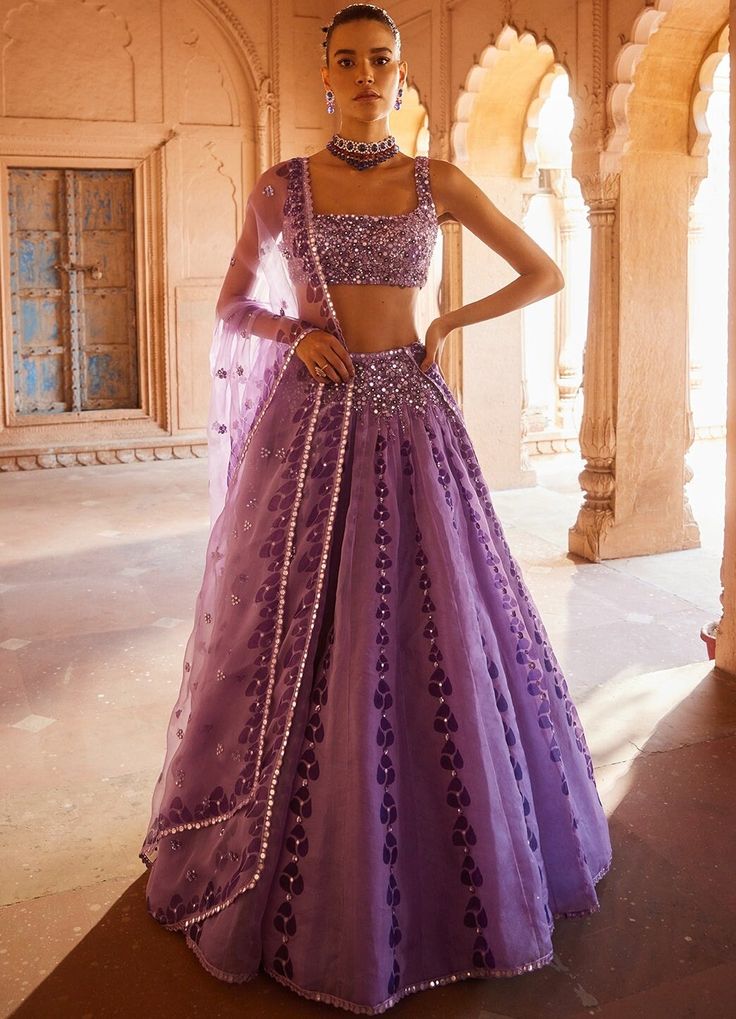 Lavender Embellished Organza Lehenga Set Prevasu - Fabilicious Fashion Lehenga Belt, Indian Wedding Dress Traditional, Lavender Lehenga, Cultural Clothes, Purple Lehenga, Ethereal Elegance, Organza Lehenga, Vacuum Storage, Indian Wedding Wear