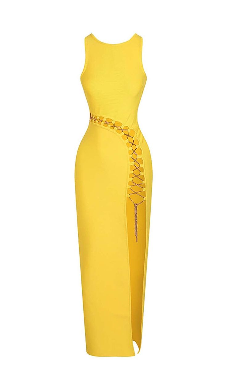 HOLLOW HIGH SPLIT MAXI DRESS IN YELLOW Goddess Look, Split Maxi Dress, Cut Out Dress, Flowy Maxi Dress, A Goddess, Stretchy Dress, Out Dress, Corset Dress, Bandage Dress