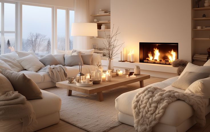 a living room filled with furniture and a fire place next to a large window on top of a hard wood floor