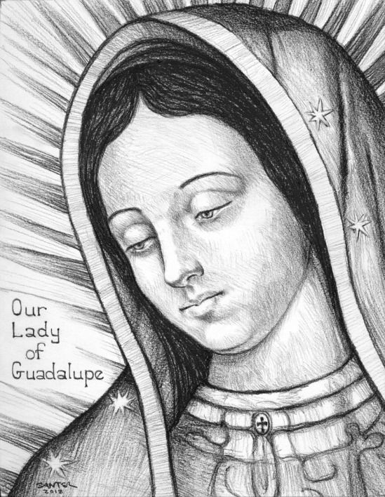 a drawing of the virgin mary in black and white with words above it that read our lady of guadalupe