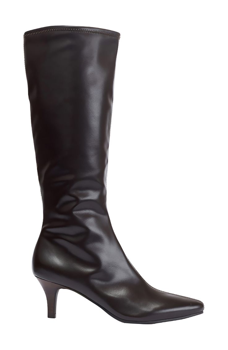 Impo stretch boots are known for their flawless fit, and the Noland tall shaft boot delivers just that! It has a streamlined silhouette with the functionality of easy-to-wear low heels and a stylish pointed toe. These second-skin stretch boots mold perfectly to the leg every time you put them on. Masterfully minimalistic, they stand to be a wardrobe mainstay for seasons to come! 2.25" heel 14" shaft height; 15 1/2" opening circumference Pointed toe Side zip closure Memory foam closure Man-made o Sleek Mid-calf Boots For Fall, Fitted Mid-calf Boots With Sculpted Heel For Work, Sleek Wide Calf Mid-calf Boots, Fitted Tall Mid-calf Boots For Workwear, Chic Tall Fitted Heeled Boots, Classic Tall Fitted Heeled Boots, Chic Fitted Tall Heeled Boots, Formal Fitted Knee-high Boots, Fitted Heeled Boots With Sculpted Heel For Fall