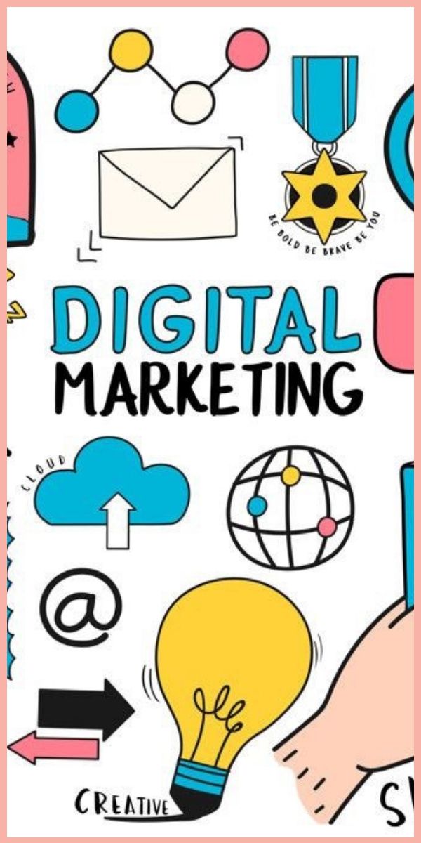 the cover of digital marketing, with hand writing on it and various icons around it