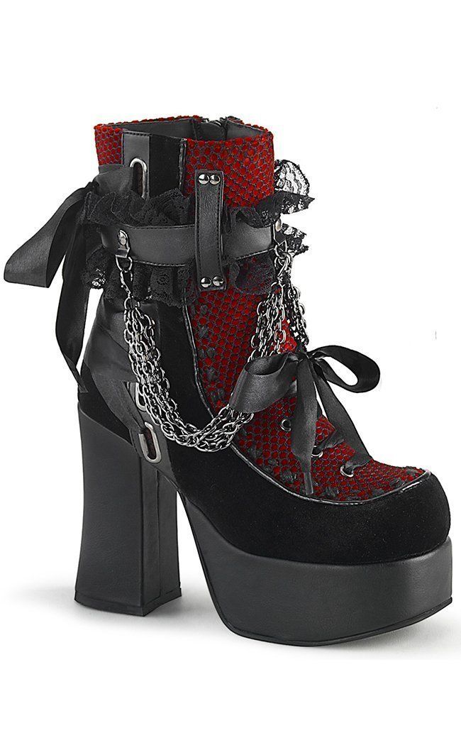 CHARADE-110 Black/Red Velvet Boots-Demonia-Tragic Beautiful Red Velvet Boots, Kitty Cheshire, Goth Shoes, Gothic Boots, Velvet Ankle Boots, Demonia Shoes, Gothic Shoes, Dr Shoes, Funky Shoes