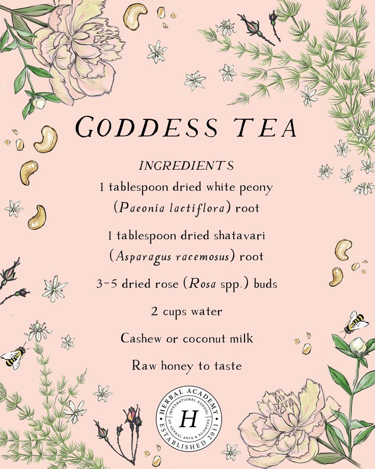 a card with the words goddess tea written in english and chinese on it, surrounded by flowers