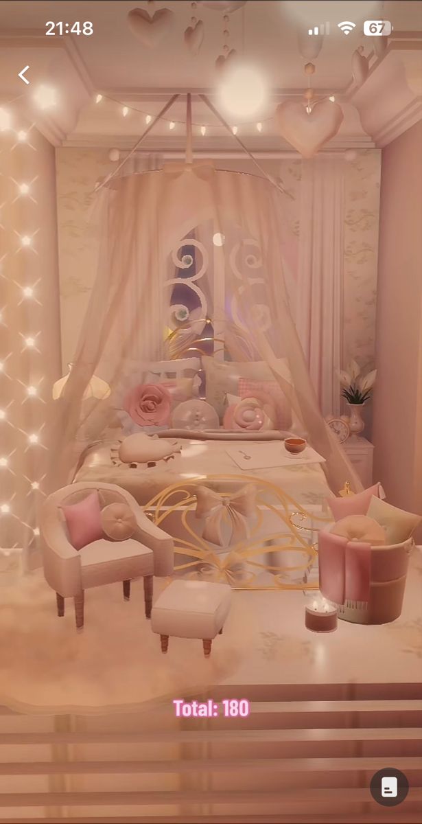 a bedroom decorated in pink and white with lots of lights on the ceiling, furniture and decor