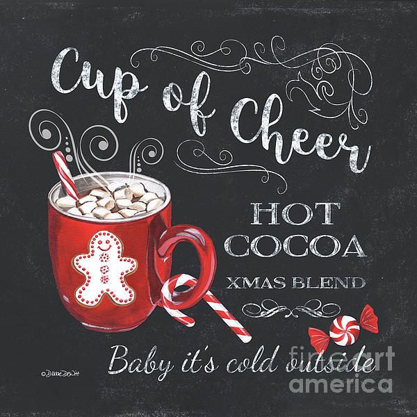 a chalkboard sign that says cup of cheer, hot cocoa and candy canes