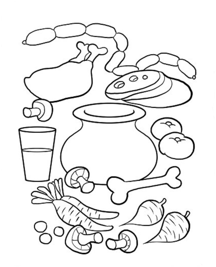 a coloring page with food and vegetables