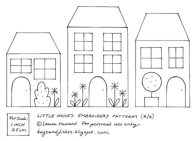 three houses that have different types of windows and plants on the front, one is drawn in