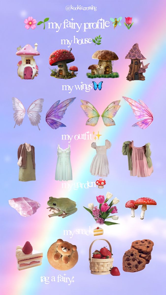 a bunch of different items that are on a blue and purple background with the words my fairy profile